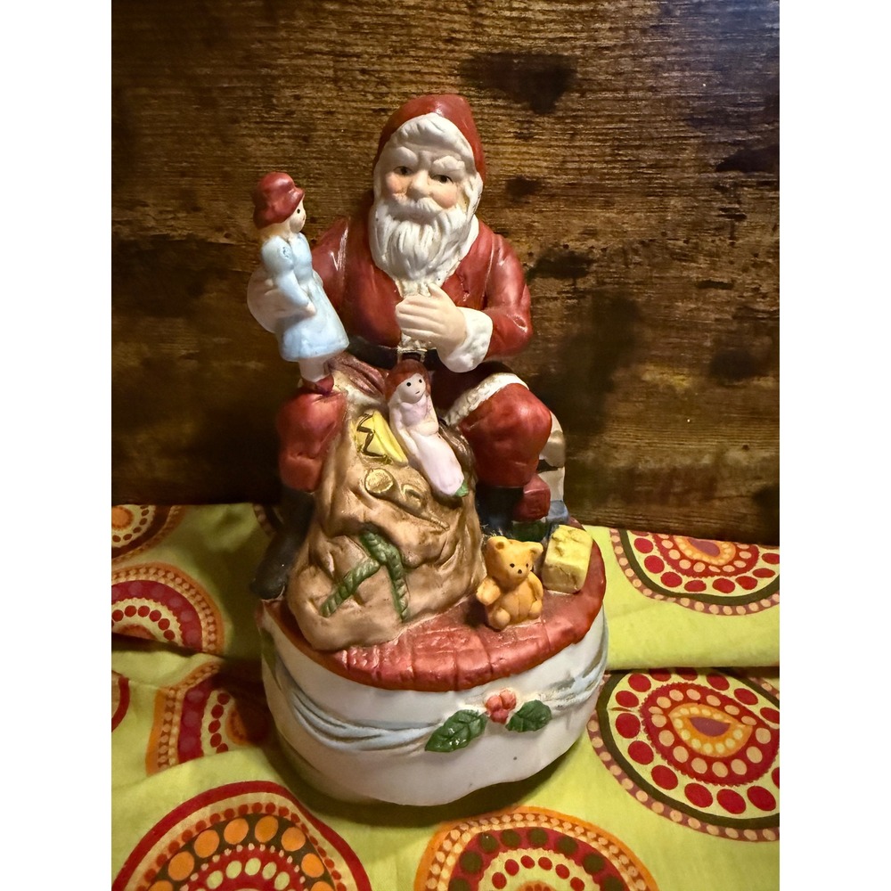 Vintage Ceramic Santa Claus Musical Figurine With Toy Sack and Teddy Bear